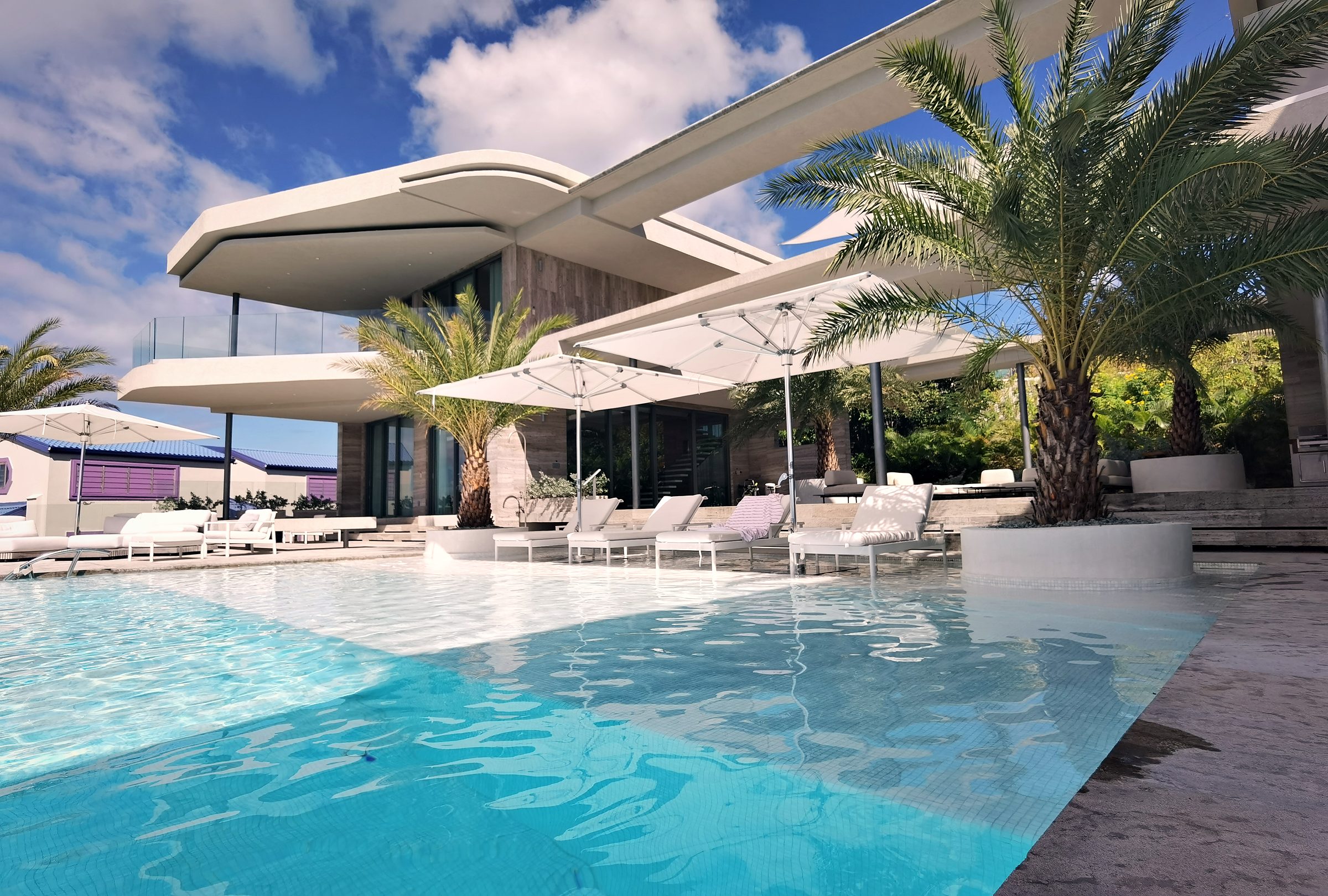 Residência ST. JOHN, EUA: piscina com palmeiras e vista para o mar